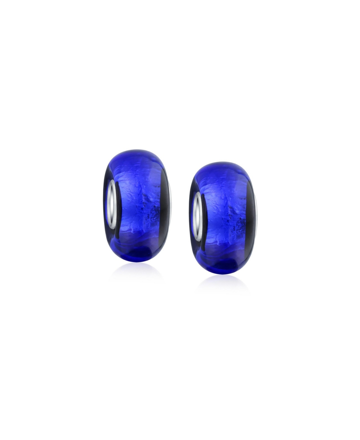 Set of 2 Navy Blue Foil Murano Glass Glass Charm Bead with Sterling Silver Core - Blue set