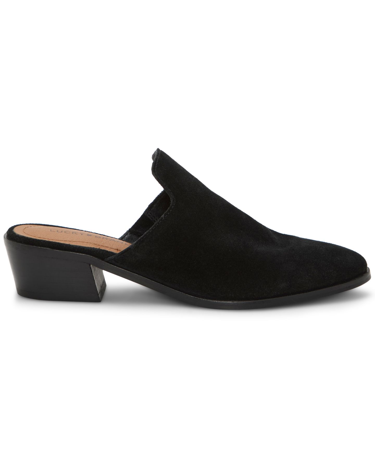 Женские сабо Lucky Brand Myrila Low Heeled Slip-On Mules, цвет: Чёрный замшевый — фото 2