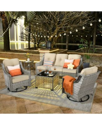 5 Piece Outdoor Rattan Patio Furniture Set with 3 Seat Sofa,Swivel Rocking Chairs,Solar Coffee Table,Wicker Sofa Set for Backyard and Porch
