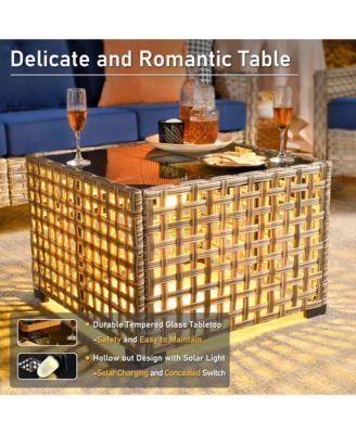 5 Piece Outdoor Rattan Patio Furniture Set with 3 Seat Sofa,Swivel Rocking Chairs,Solar Coffee Table,Wicker Sofa Set for Backyard and Porch