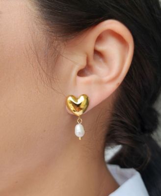 Gold Freshwater Cultivated Pearl Heart Drop Earrings