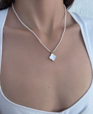 Gold Mother of Pearl Strand Clover Pendant Necklace