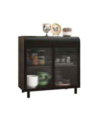 1Pc Steel, Tempered Glass Doors, Flip-Top & 2-Tier Storage Modern Sideboard Buffet