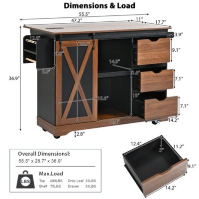 CASAINC 55.5" Wood Drop Leaf with Barn Door, Power Outlet & Spice Rack Kitchen Island