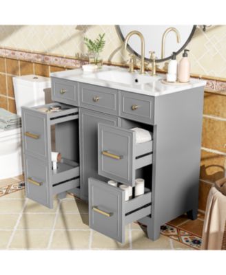 36" Solid Wood & Ceramic Hairdryer Drawer Bathroom Vanity with Soft-Close Doors