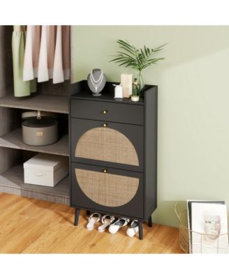 Freestanding Modern Shoe Storage Cabinet 3 Metal Rattan Door Shoe Rack Shoe Cabinet with 3 Flip Drawers for Entryway Living Room, Black