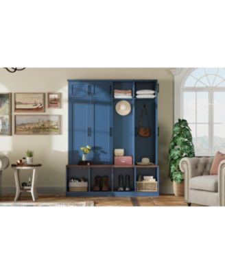 Farmhouse Hall Tree Bench with Hidden Hooks & Shoe Cabinet