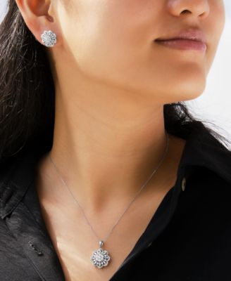 Wrapped In Love Diamond Round Baguette Floral Pendant Necklace Matching Stud Earrings Collection In 14k White Gold E In Gold