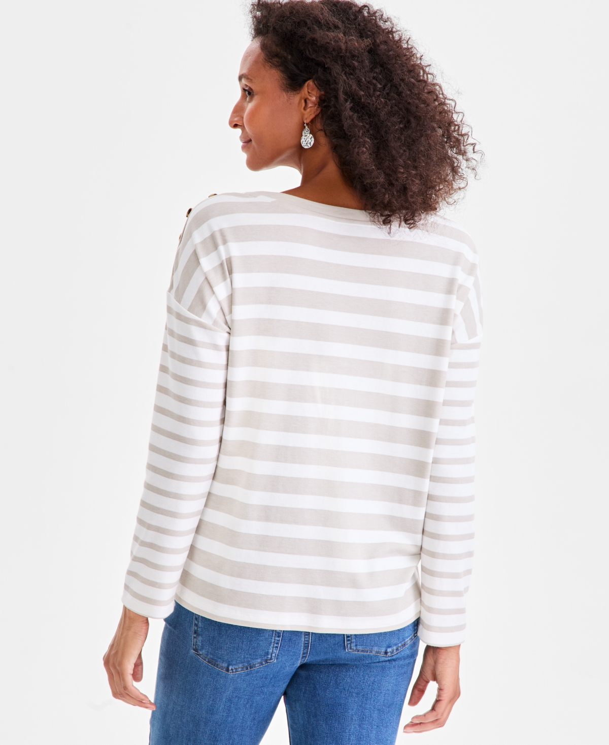 Style & Co Women's Long Sleeve Button-Trim Striped Knit Top, Macy's Exclusive