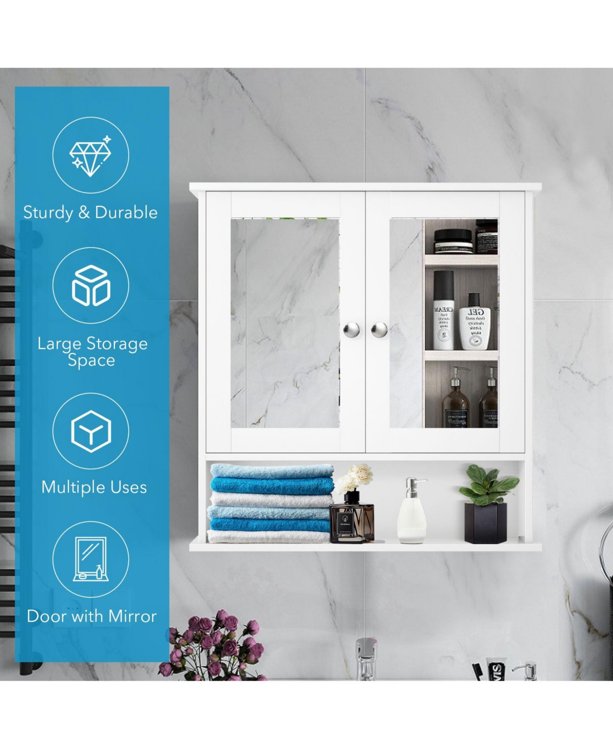 Volenca Double Door Wall-Mounted Bathroom Mirror Cabinet with Storage Shelf