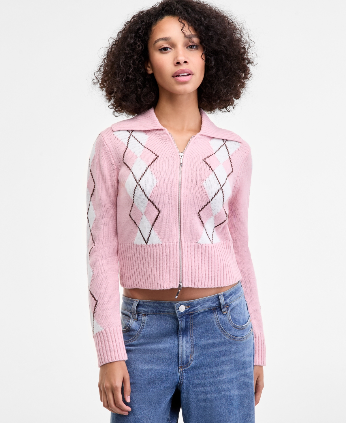 Ultra Flirt Juniors' Argyle Zip-front Cardigan Sweater In Pink