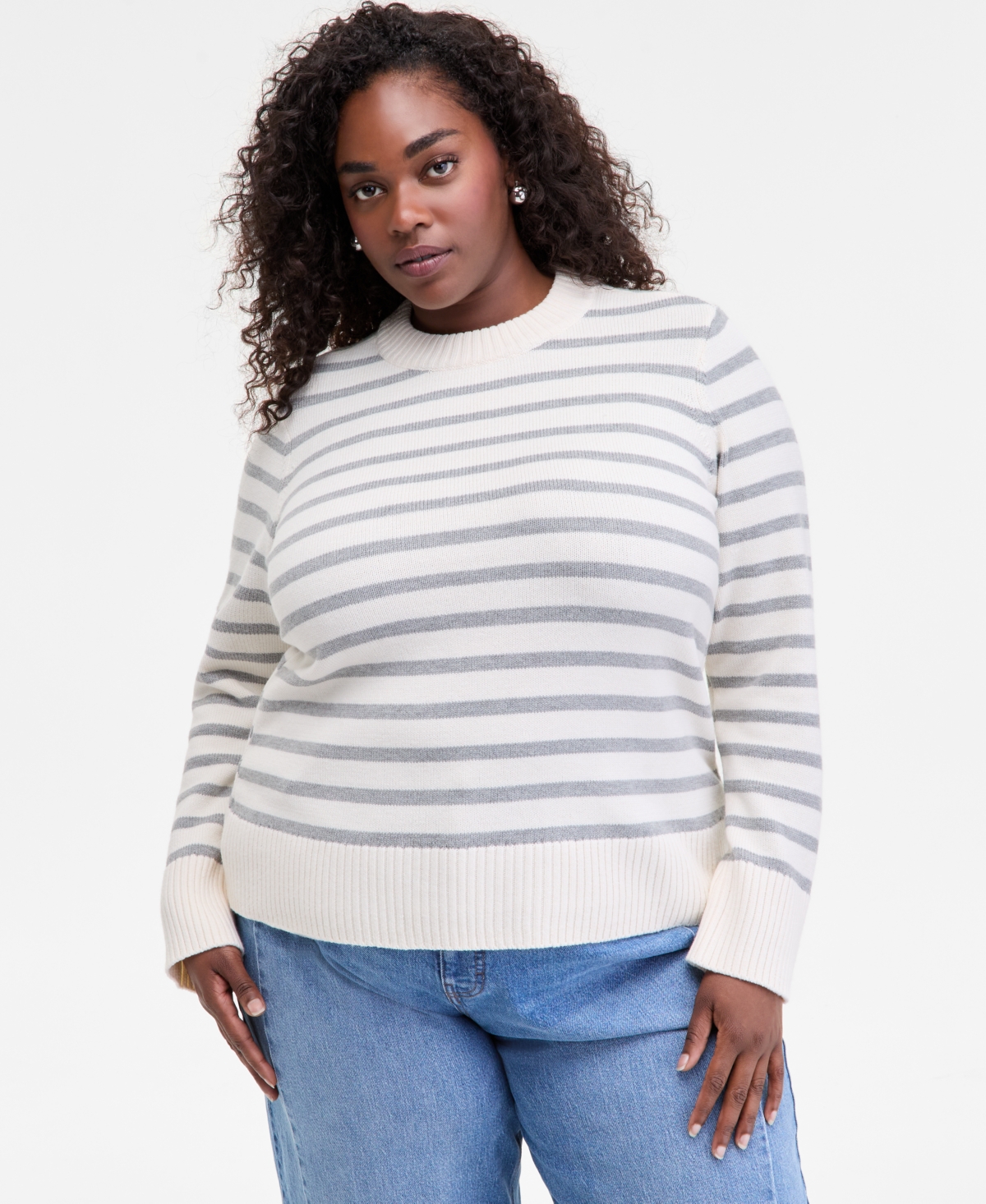 On 34th Trendy Plus Size Striped High-neck Sweater, Macy's Exclusive