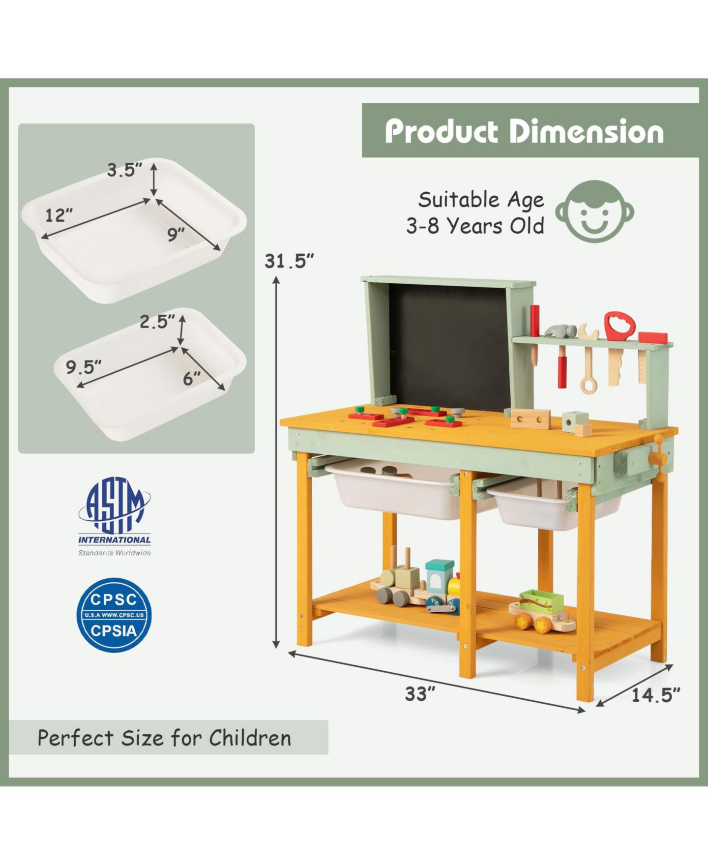 Детский конструктор Mecale Kids Wooden Toy Workbench with Storage Space and Blackboard, цвет: Жёлтый — фото 4