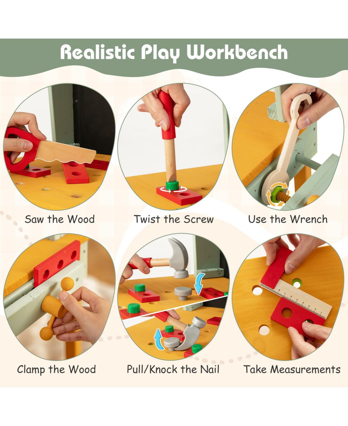 Детский конструктор Mecale Kids Wooden Toy Workbench with Storage Space and Blackboard, цвет: Жёлтый — фото 8
