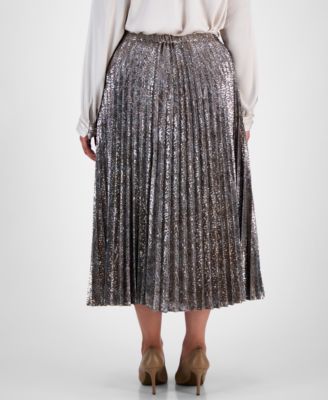 Plus Size Pull-On Pleated Sequin Midi Skirt 