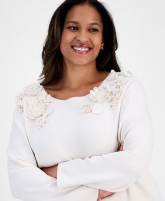 Plus Size Floral-Embellished Boat-Neck Sweater 