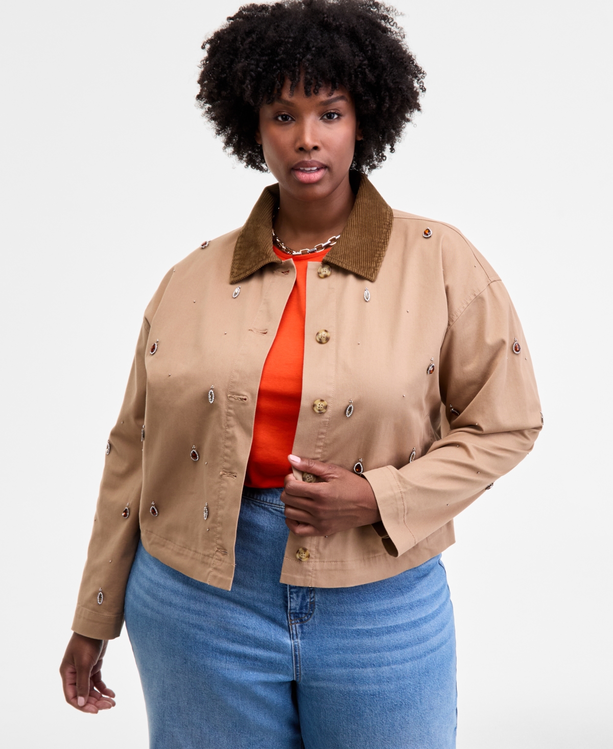 On 34th Trendy Plus Embellished Corduroy-collar Jacket, Macy's Exclusive In Green