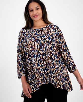 AK Anne Klein - Plus Size Printed Asymmetric-Hem Tunic