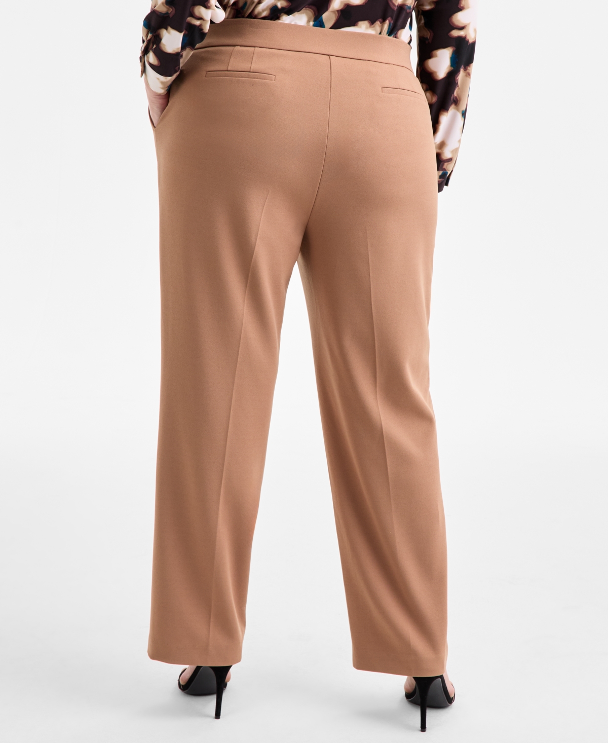 Ak Anne Klein Plus Size Pull-on Mid-rise Straight-leg Pants In Brown