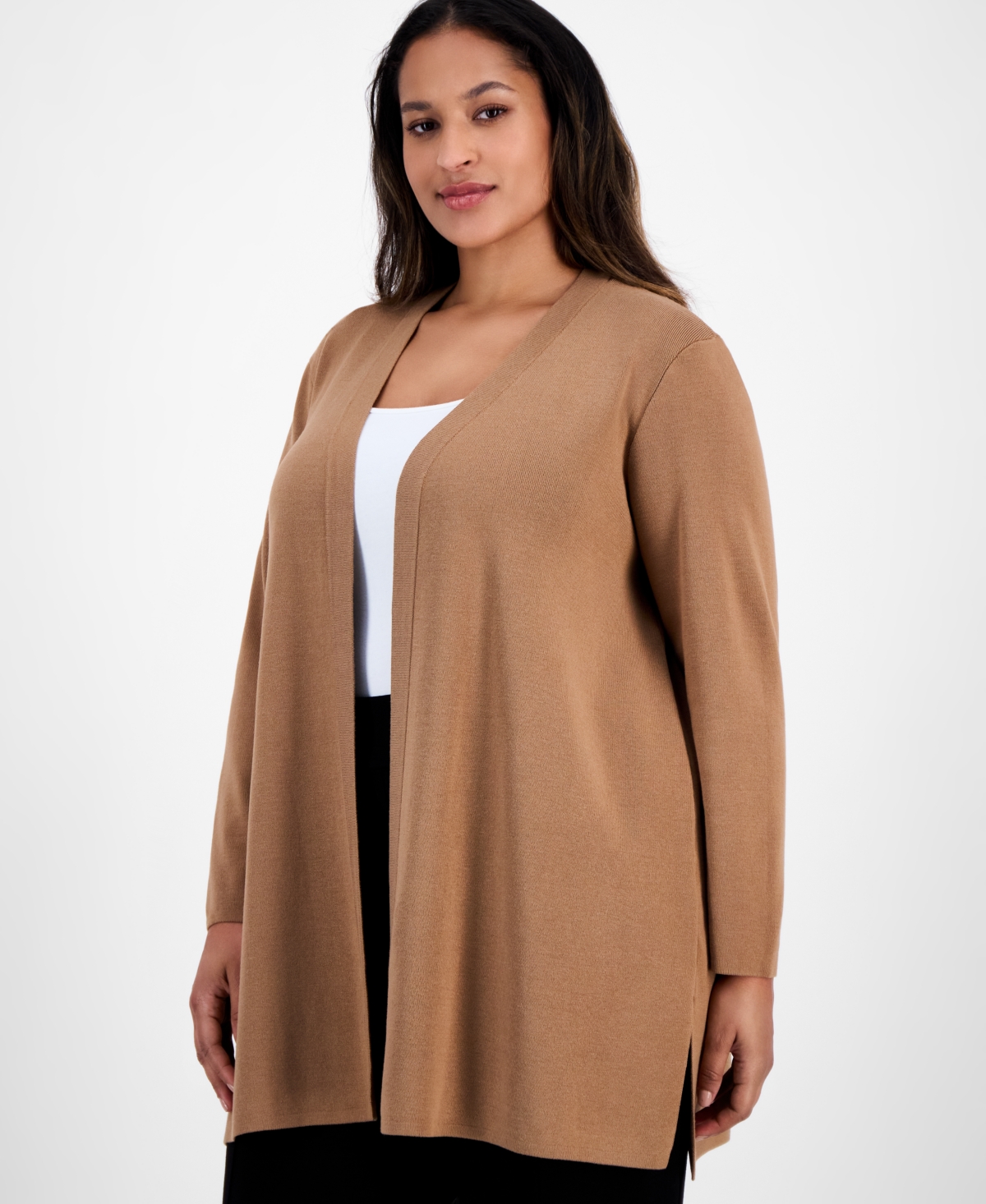 Ak Anne Klein Plus Size Kissing-front Side-slit Cardigan In Brown
