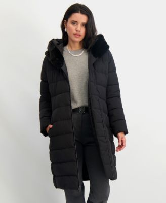 Women's Faux-Fur-Trim Hooded Belted Puffer Coat