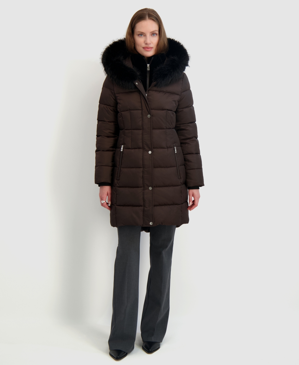 Tahari Womens Velvet Bibbed Faux-fur Hooded Puffer Coat In Brown