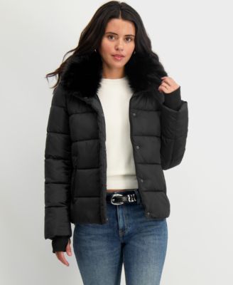 Tahari - Women's Faux-Fur-Collar Hooded Puffer Coat