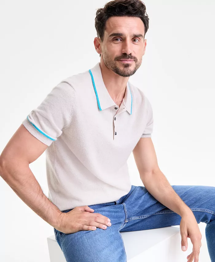 Men's Regular-Fit Tipped 100% Cashmere Sweater Polo Shirt