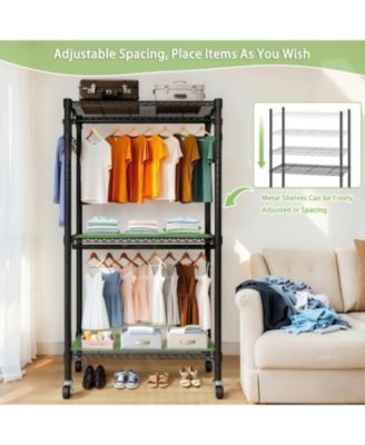 Heavy Duty Rolling Clothes Rack with Shelves &amp; Hooks