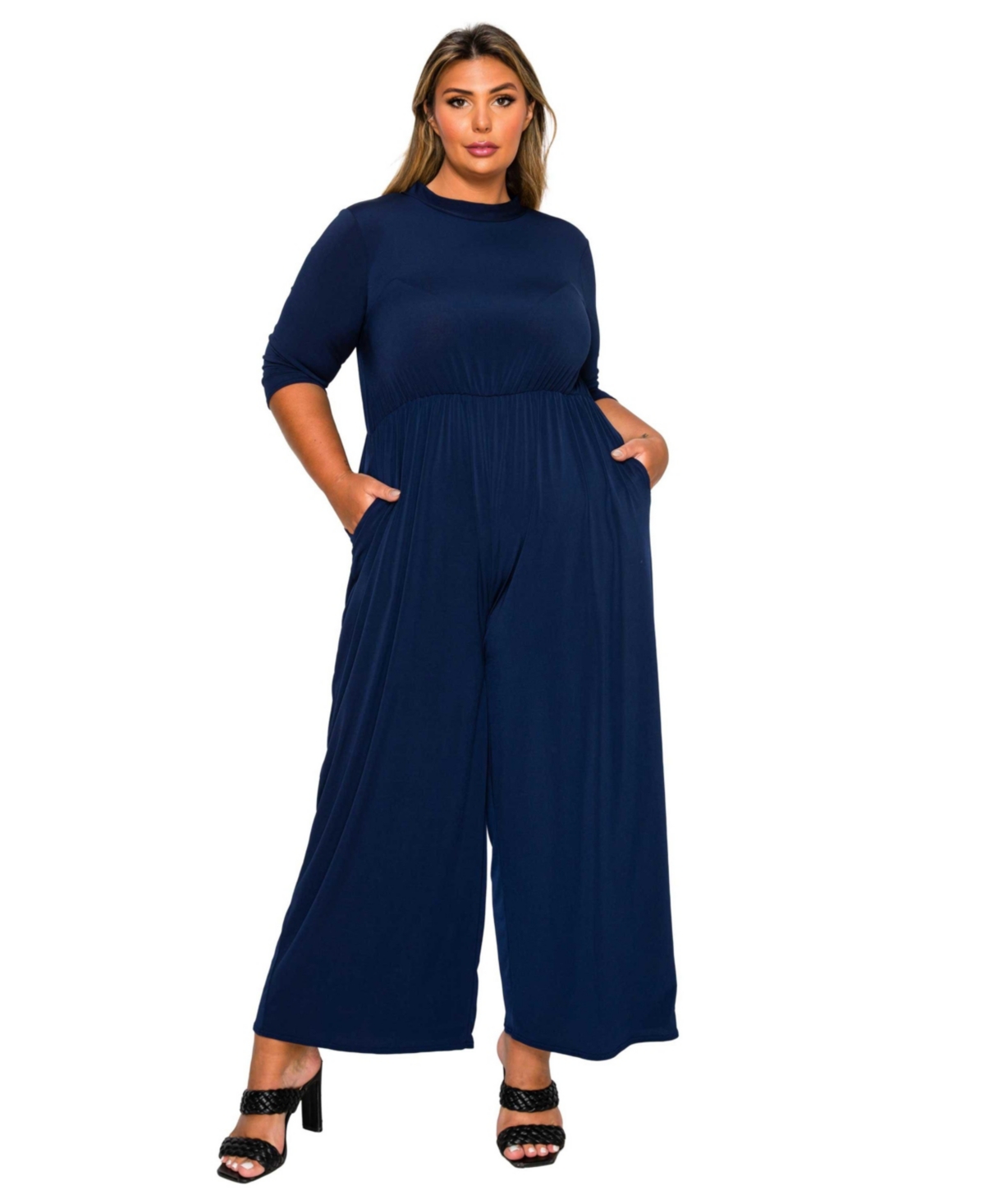Women's Plus Size Summer Wide Leg Pocket Jumpsuit - Navy