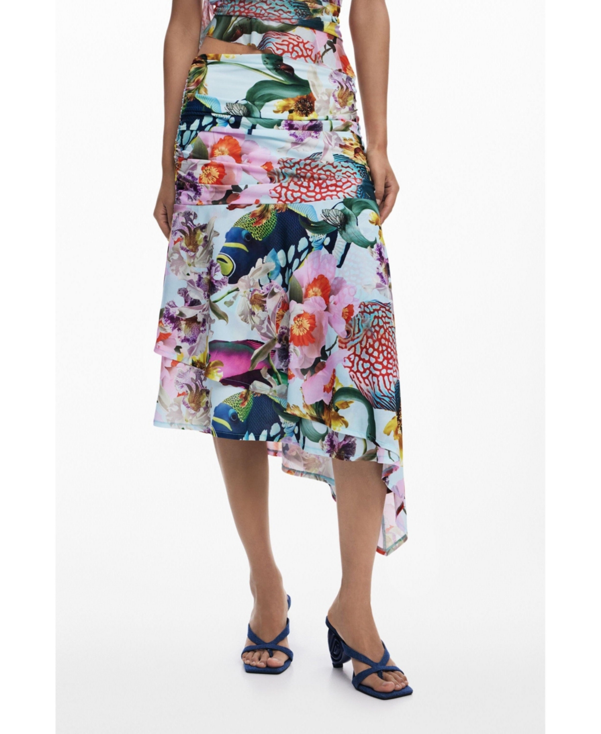 Desigual Print Asymmetric Maxi Skirt In White