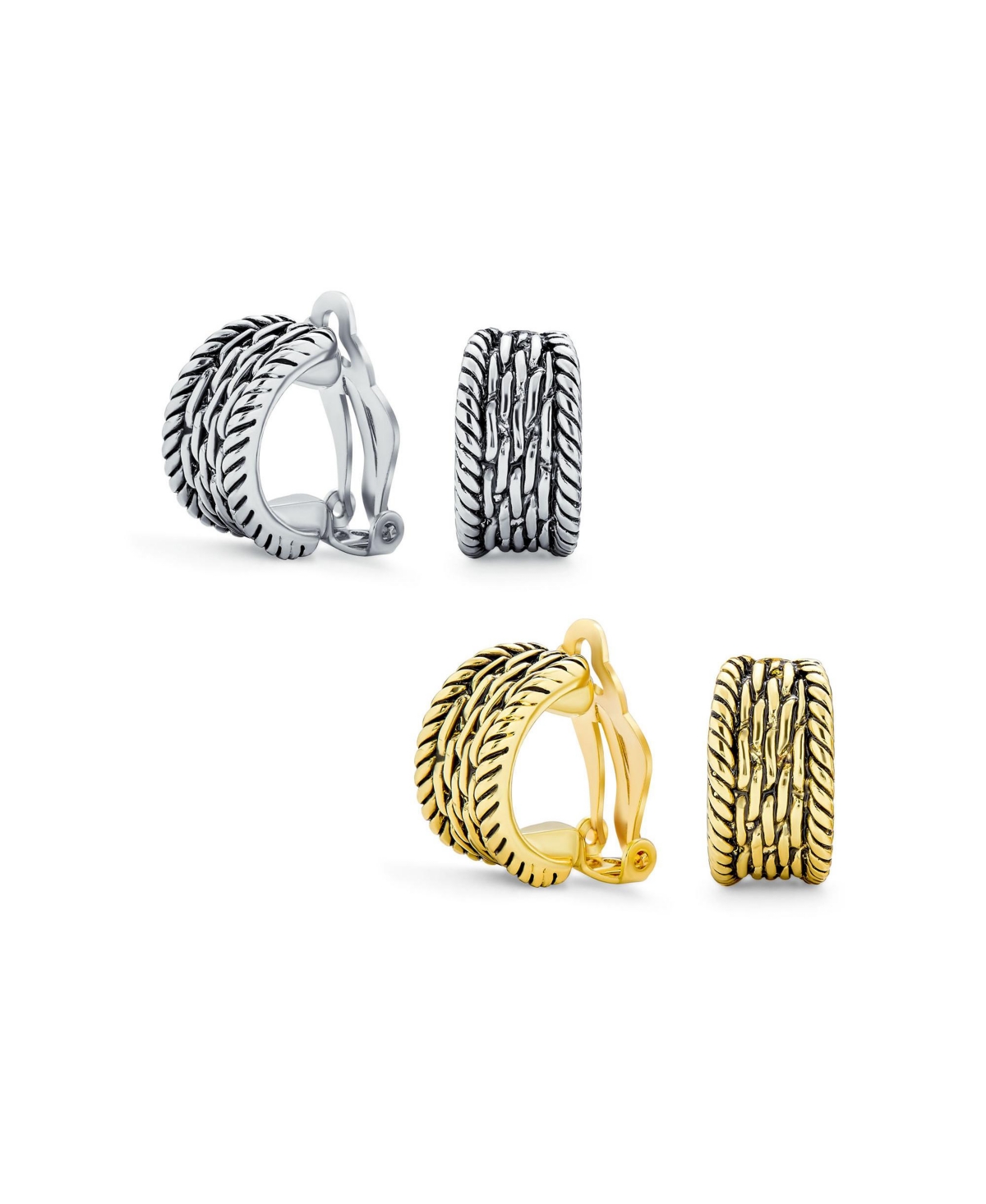 Set of 2 Grooved Rope Half Hoop Clip-On Earrings For Non-Pierced Gold Plated - Gold black set