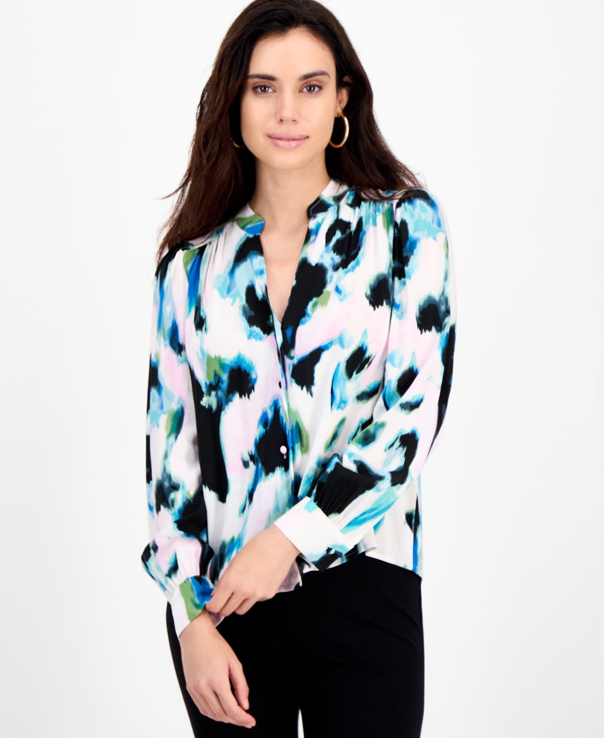 Inc International Concepts Petite Printed Puff-sleeve Blouse, Macy's Exclusive