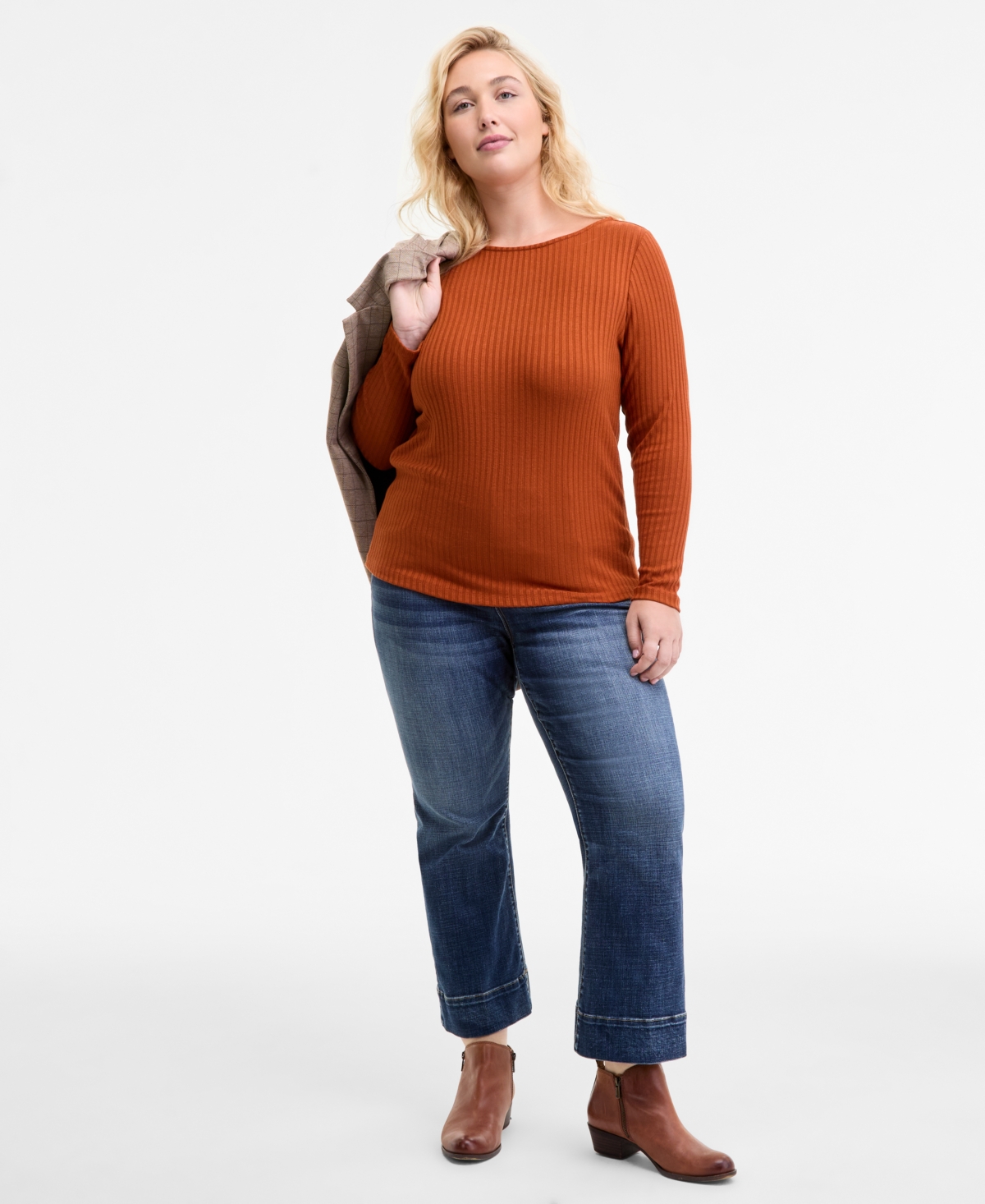 Liverpool Los Angeles Trendy Plus Size Ribbed Boatneck Top In Brown