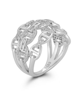 14K Gold Plated Sterling Silver Triple Row Pave Mariner Link Ring