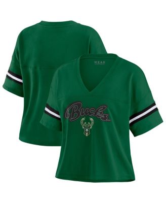 WEAR by Erin Andrews - Women's Hunter Green Milwaukee Bucks Color Block Boxy V-Neck T-Shirt