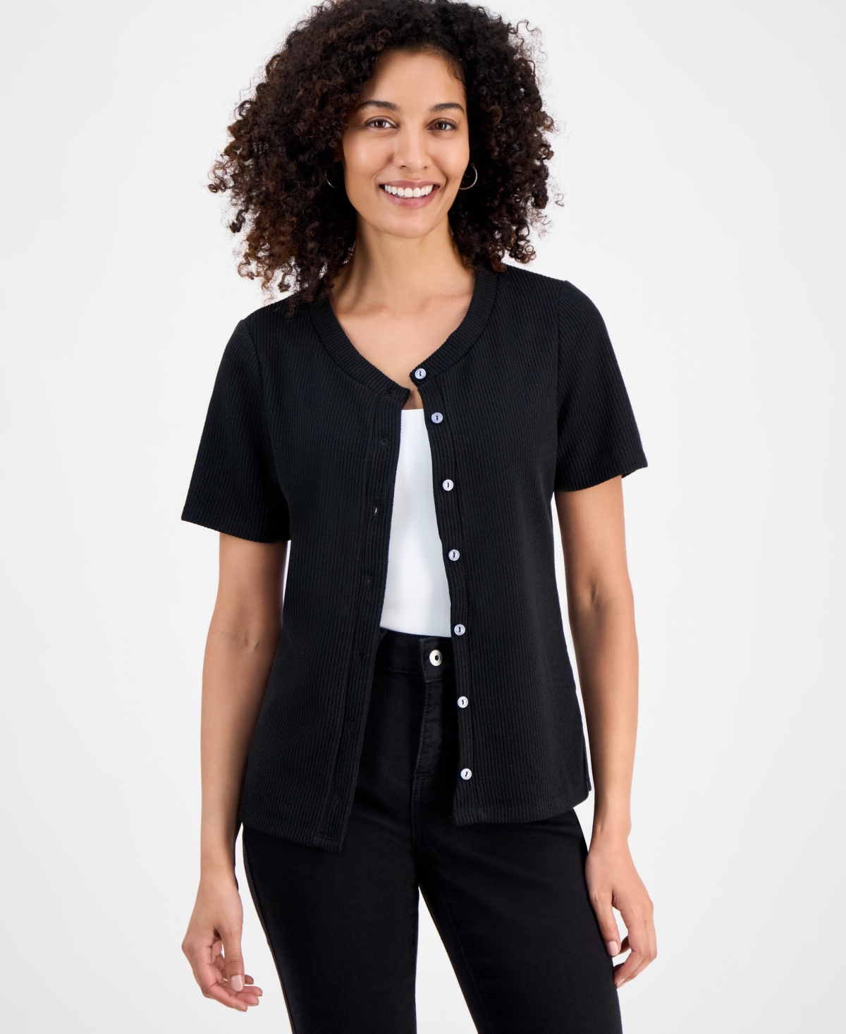 Style & Co Petite Short-Sleeve Crewneck Cardigan, Macy's Exclusive