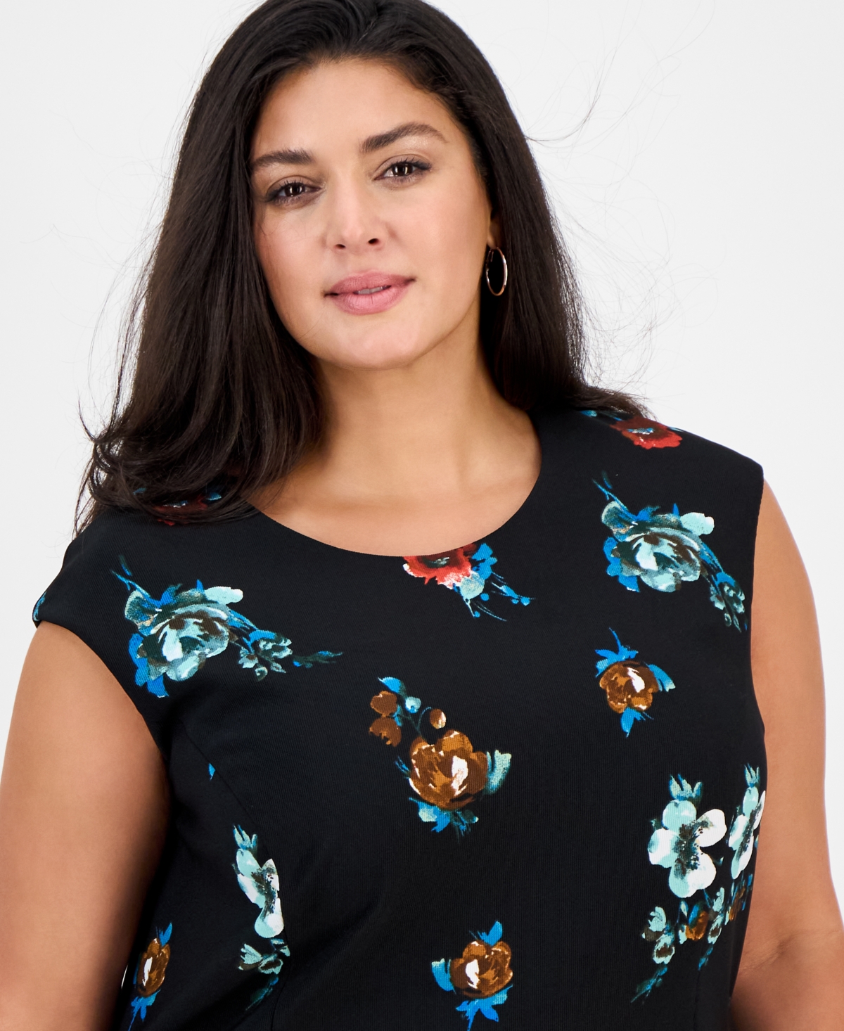 Connected Plus Size Floral-print Fit & Flare Dress In Black