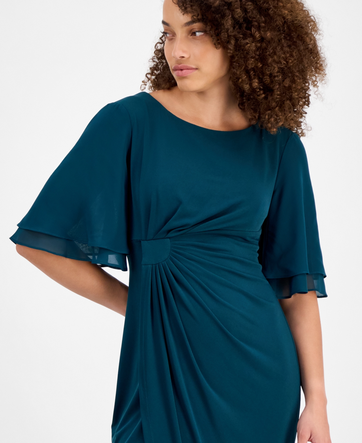 Connected Petite Gathered Flutter-sleeve Dress In Multi