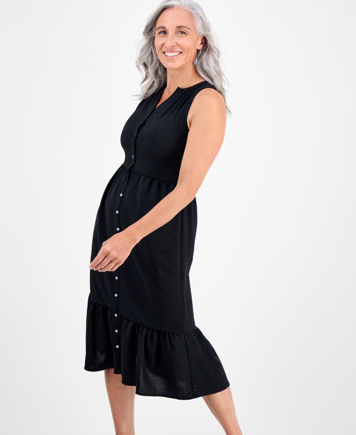 Style & Co Petite Button-front Sleeveless Midi Dress, Macy's Exclusive In Black