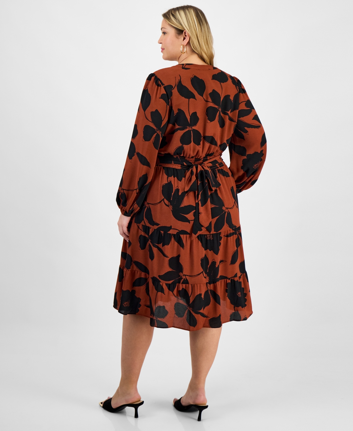 Robbie Bee Plus Size Printed Tie-waist Tiered Long-sleeve Dress In Multi