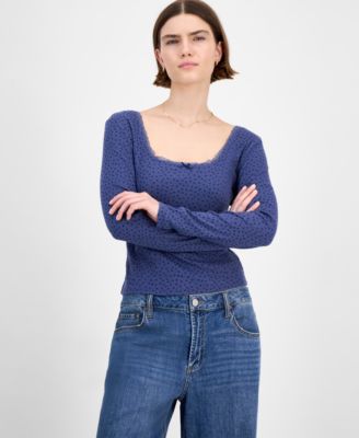 Juniors' Floral-Print Lace-Trim Top