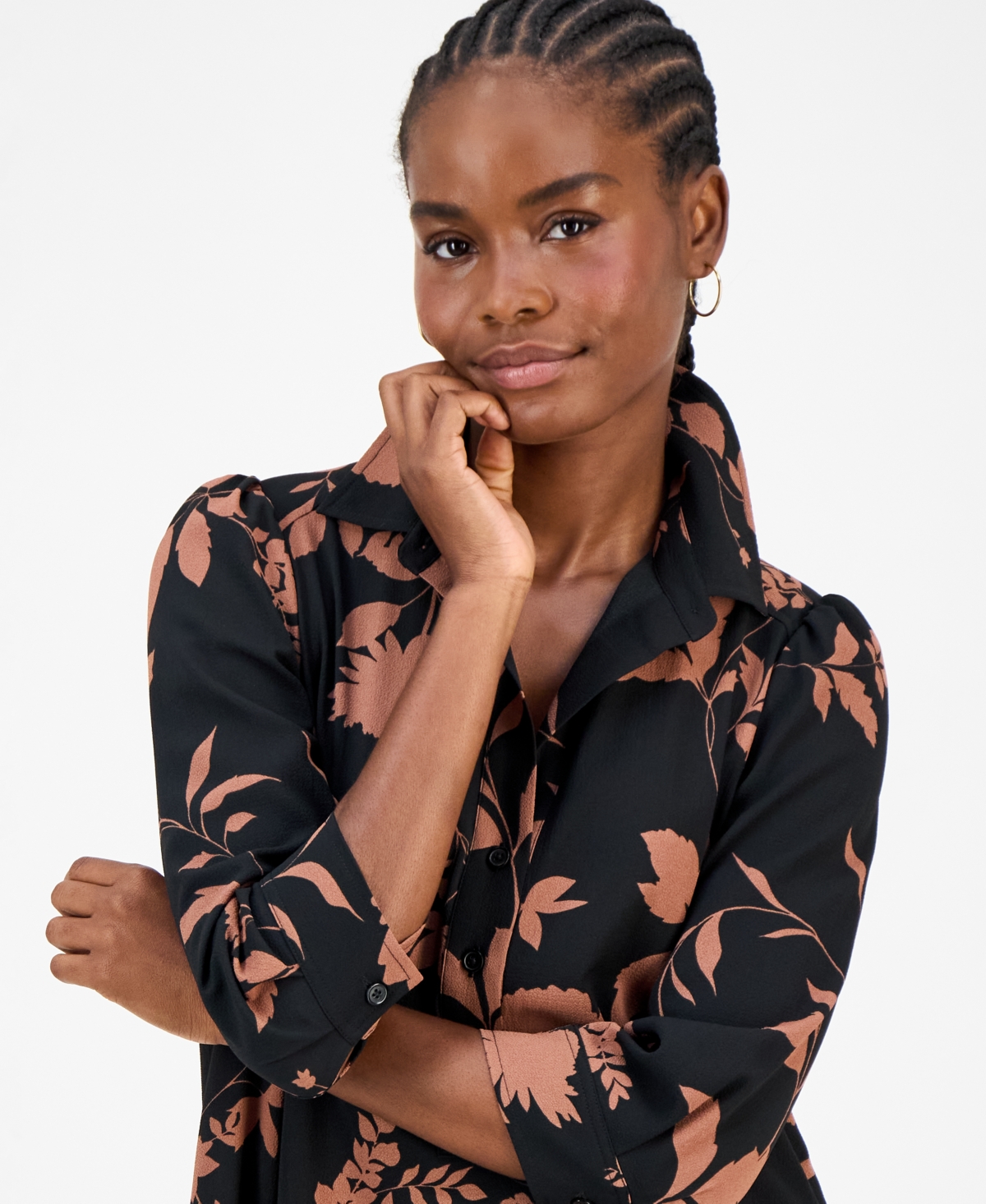 Robbie Bee Petite Printed Button-front Shift Dress In Black