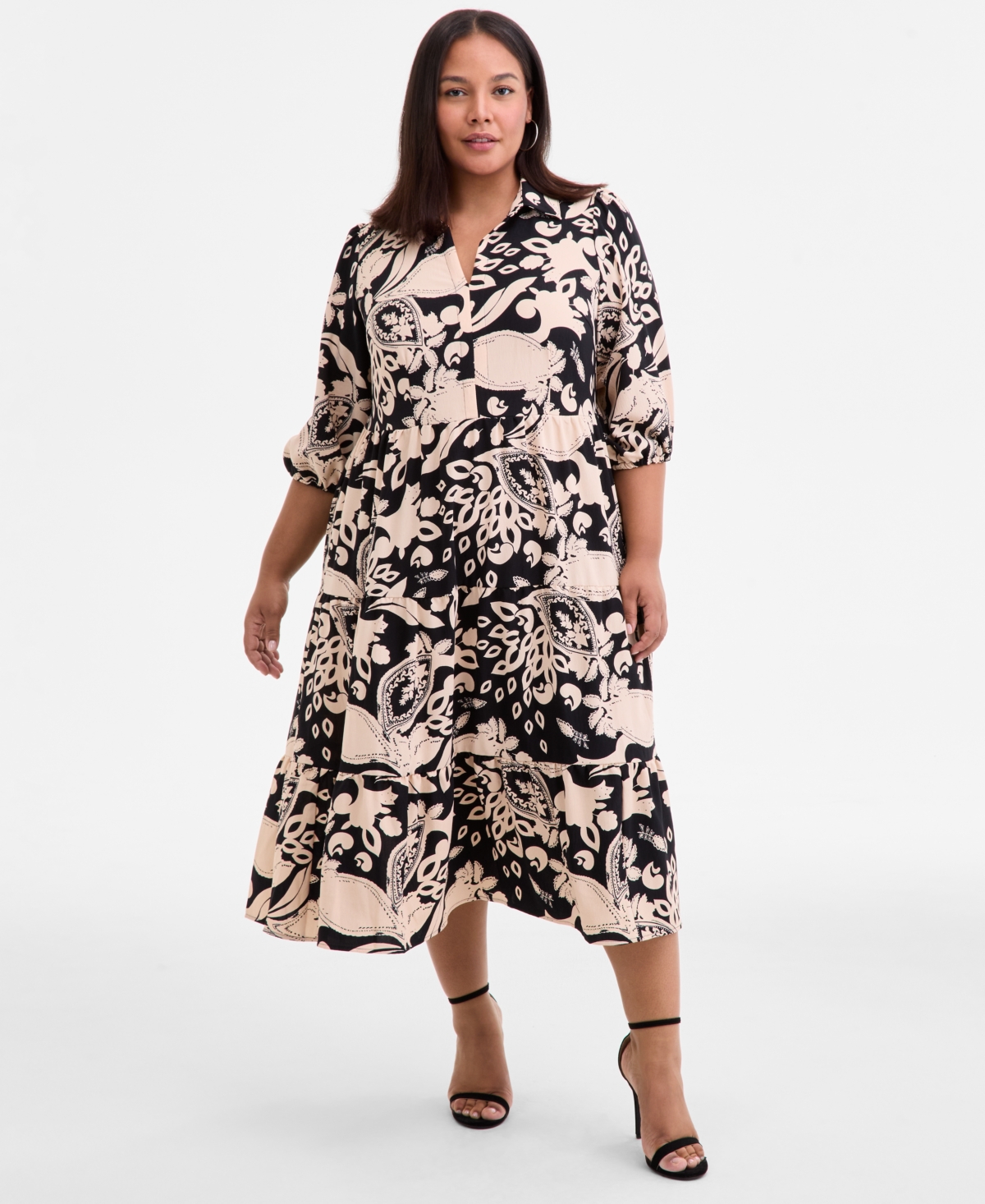 Sandra Darren Plus Size Printed Spread-collar Midi Dress In Multi