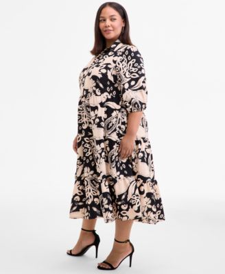 Plus Size Printed Spread-Collar Midi Dress
