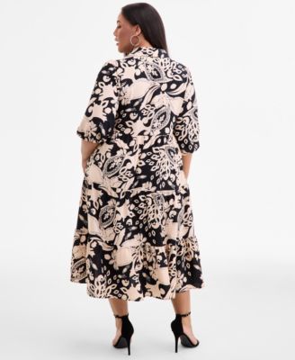 Plus Size Printed Spread-Collar Midi Dress