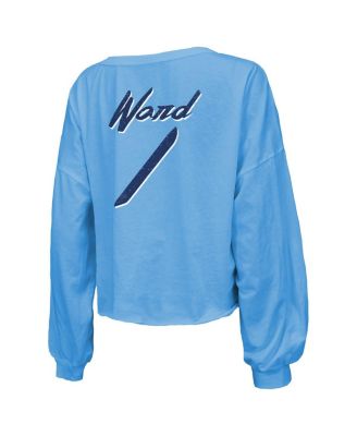 Women's Cam Ward Light Blue Tennessee Titans 2025 NFL Draft First Round Pick Off-Shoulder Script Name Number V-Neck T-Shirt