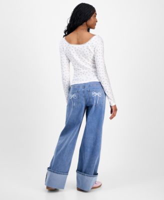 Juniors' Floral-Print Lace-Trim Top