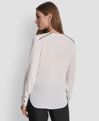 Women's Long Sleeve Trimmed Lapel Blouse, Regular & Petite