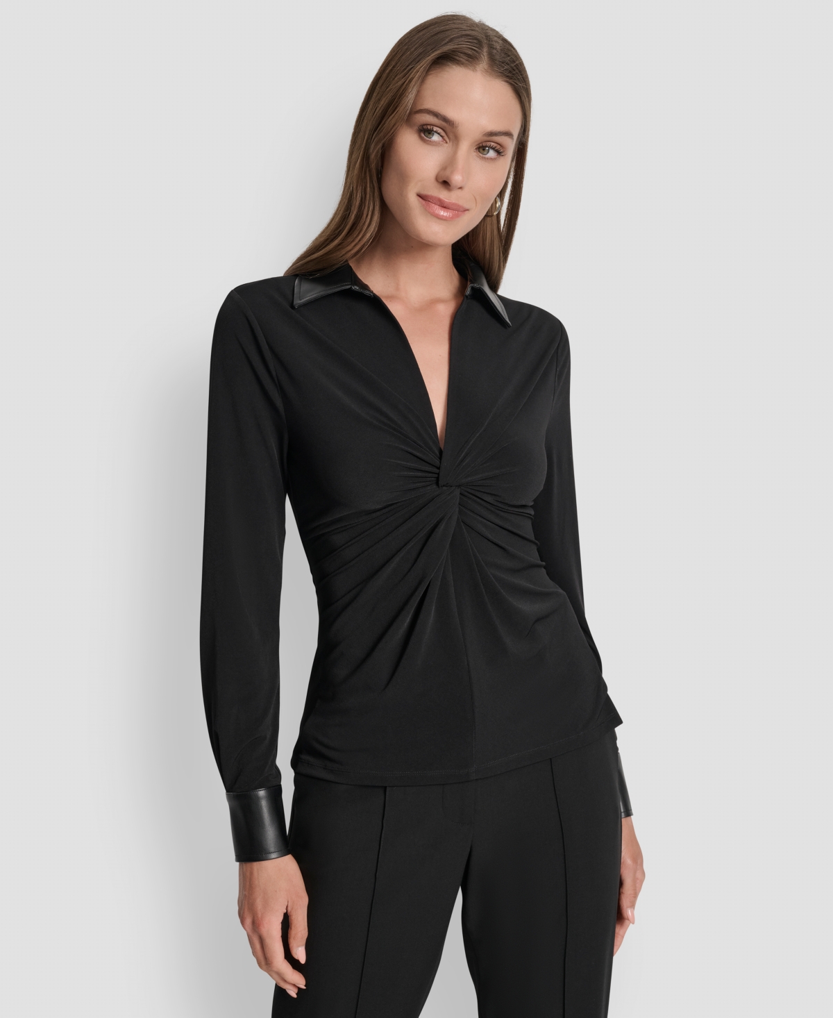 Dkny Women's Twist-front Contrast-trim Top In Black